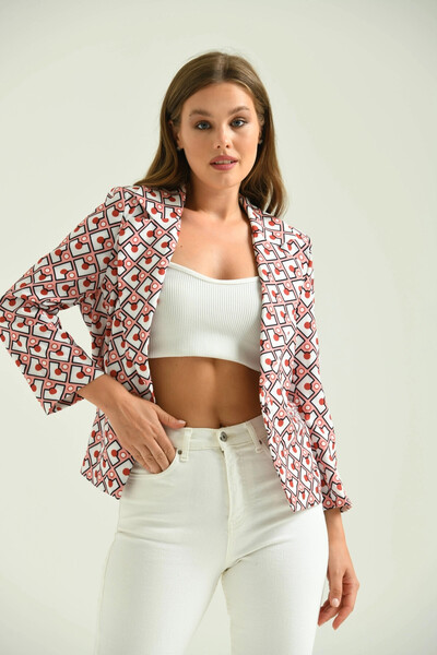 Lujiz Kadın Blazer Desenli Bel Boy Blazer Ceket Pudra - T027