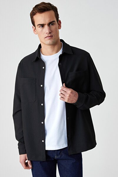 GRIMELANGE Jakarı Erkek Regular Fit Standart Kesim Klasik Yaka Desenli Çıtçıtlı Siyah Gömlek