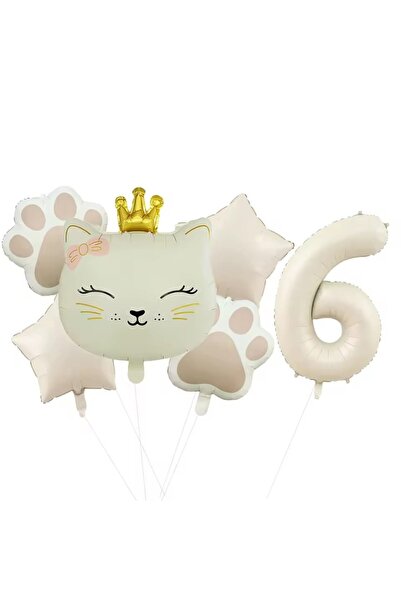 DÜVENCİ TİCARET KREM RENK PATİ FOLYO BALON TAÇLI KEDİ YAŞ BALON SET