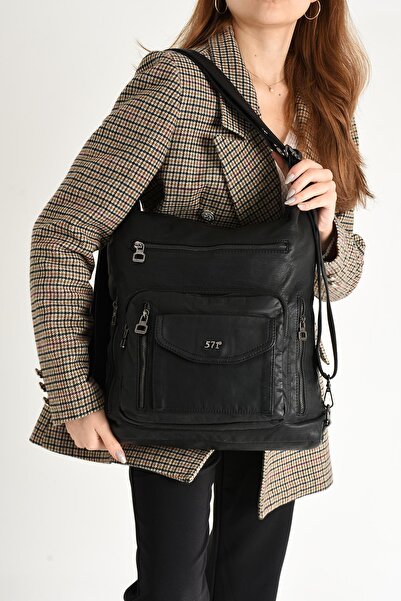 571 Collections Çanta Black Leather Shoulder Bag - Washed Both, Back Both ( Model: 571-9-10A)