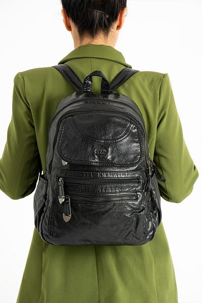 571 Collections Çanta Black Faux Leather Backpack - Model 571-11-12G
