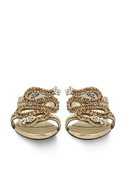 Vario Altın Taş Detaylı Kalın Topuklu Terlik Dore