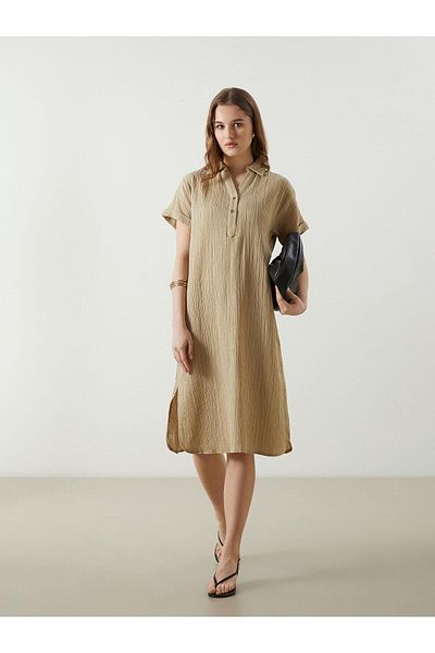 LC Waikiki LCWAIKIKI Κλασικό πουκάμισο με γιακά με υφή Oversize γυναικείο φόρεμα
