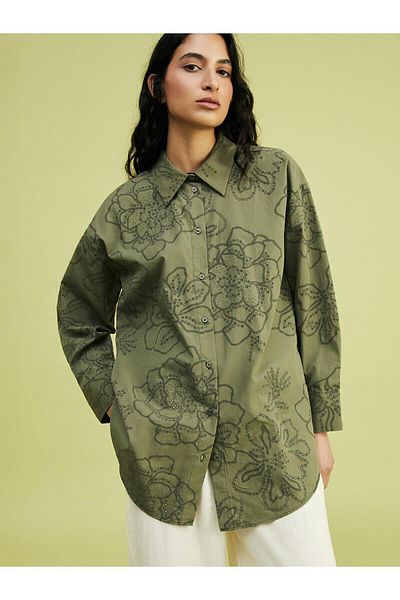 LC Waikiki Lcw Modest Floral Oversize Poplin Women's Shirt Tunic