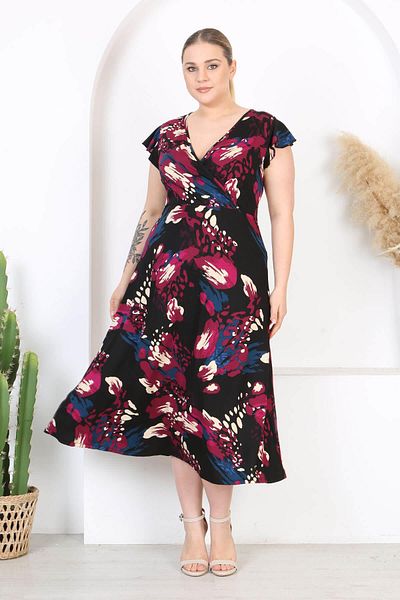 Madwilo Women's Purple Blue Asymmetrical Pattern Ruffle Sleeve Double Breasted Collar Large Size Maxi Dress