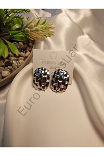 stainless steell أقراط فضية كبيرة الحجم من الفولاذ بتفاصيل من القش