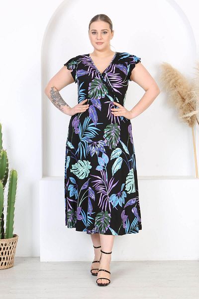 Madwilo Rochie maxi de mărime mare, cu mâneci cu volan, cu model tropical, albastru violet