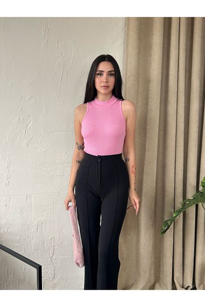 Fav Style Ροζ ριμπ μπλούζα Crop - Πλεκτή καμιζόλα με όρθιο λαιμό