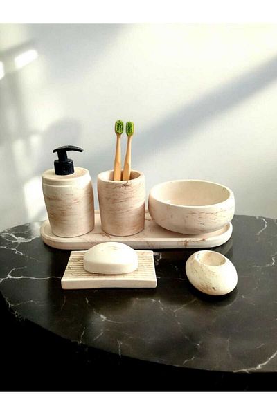 Trust Stone Σετ μπάνιου 6 τεμαχίων σειράς Beige Marble, Σετ αξεσουάρ από σκυρόδεμα με θήκη οδοντόβουρτσας διανομέα υγρού σαπουνιού