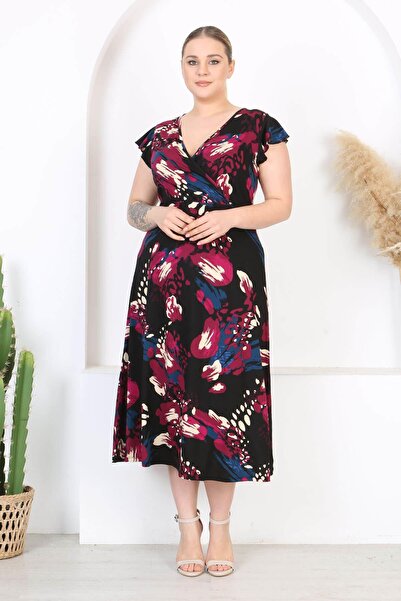 Madwilo Γυναικείο μωβ μπλε ασύμμετρο μοτίβο μανίκι με διπλό στήθος γιακά μάξι φόρεμα