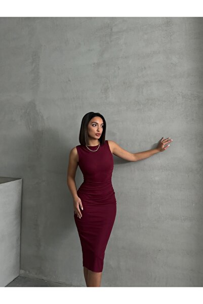 BEJNA Women's Burgundy Tulle Sleeveless Dress