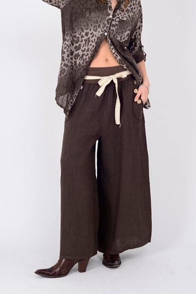 AYASOFYA OTANTIK Women's Italian Brown Button Detailed Loose Wide Leg Loose Linen Trousers with Belt