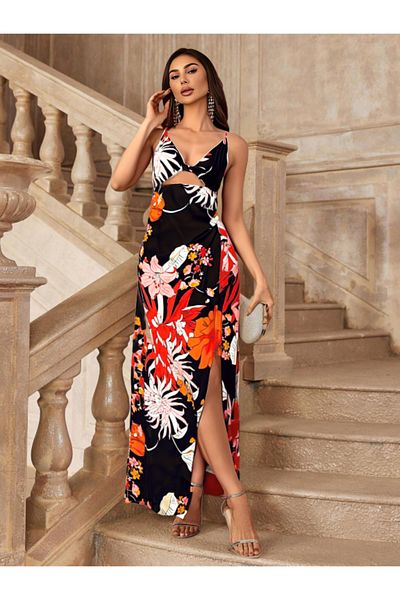 FASHION COCKTAIL Decoltat pe spate, cu bretele cu lanț pentru fereastră, cu imprimeu floral, rochie de cocktail lungă din satin, neagră