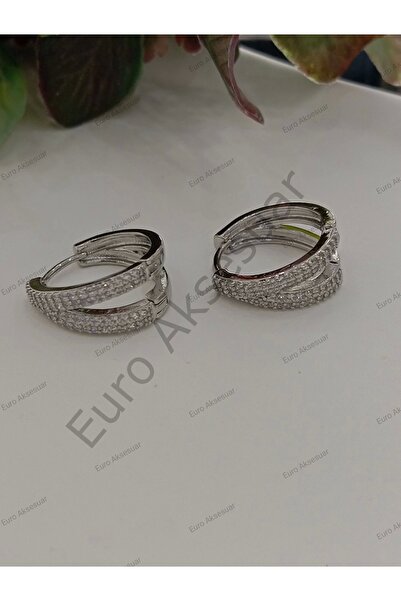 stainless steell أقراط فضية اللون من الفولاذ بتفاصيل حجر مزدوج