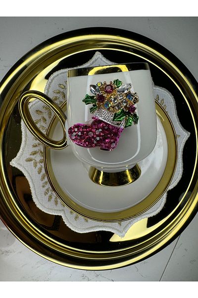 EŞİYOK Special Design Crystal Stone Fuchsia Shoe Decorated Gold Detailed Coffee Cup