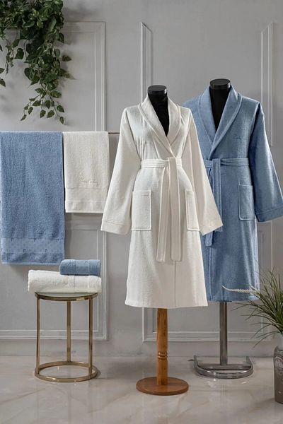 Pierre Cardin Men's Cotton Bathrobe & Face Towel Indigo-Cream R.O.8.8Z.B.O.Rn.Z.S.T8