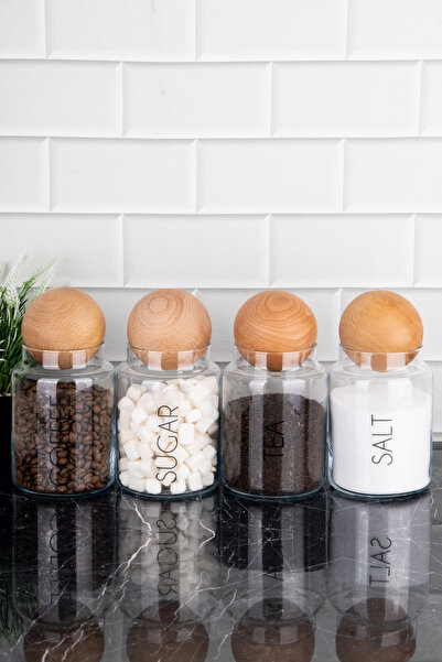 DNS HOME Set of 4 Wooden Ball Lid Transparent Label Tea Sugar Coffee Salt Storage Container Glass Jar 800ml