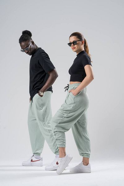Superbluemexico Unisex Wrinkled Fabric Summer Baggy Trousers