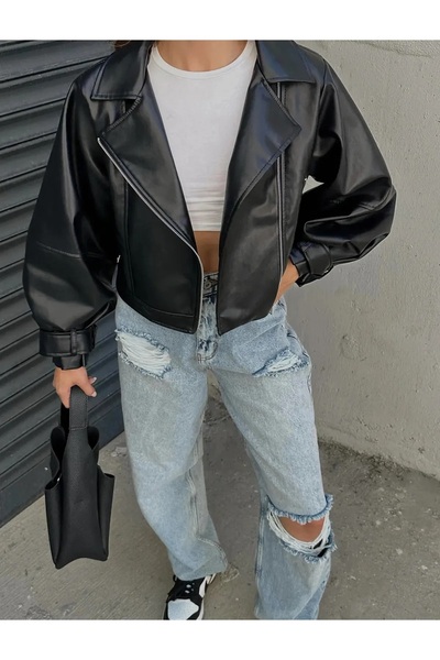 GALAVİP ملابس نسائية للعام الجديد سترة جلدية سوداء كبيرة الحجم بأكمام بالونية