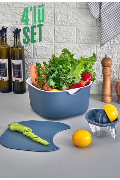 Espas Home 4 Piece Multipurpose Set - Blue - Mixing Bowl, Strainer, Cutting Board, Lemon Squeezer