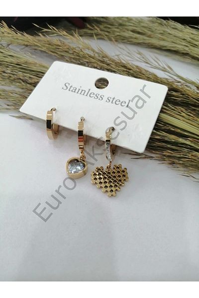 stainless steell Heart Detailed Steel Triple Earrings