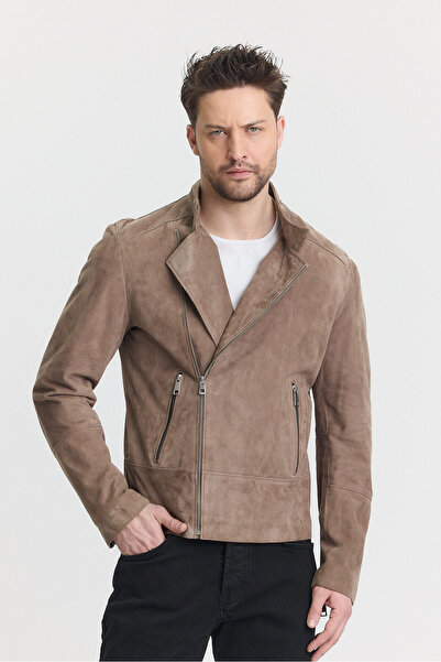 Orkır collection Hakiki Oğlak Derisi Süet Erkek Biker Deri Ceket