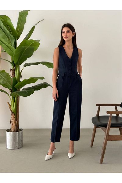 CYU Front Slit Linen Vest Pants Bottom Top Women's Set