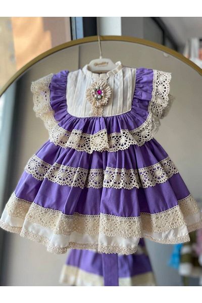 Sare Çocuk Giyim Girl's Purple Vintage Concept Antiallergic Cotton Fabric Party Birthday Evening Dress + Buckle