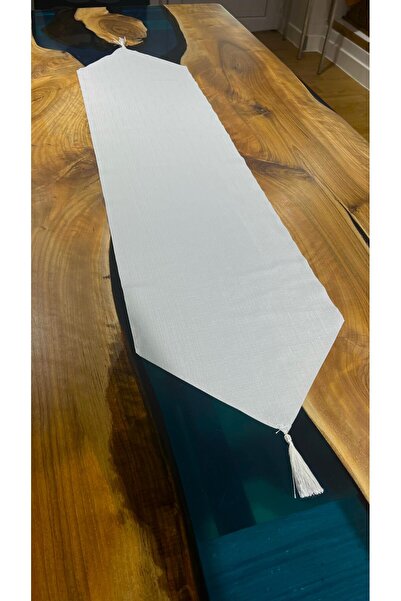 MODA Gri Kumaşlı Beyaz Püsküllü Polyester Modern Runner 30x130cm Lazer Kesimli