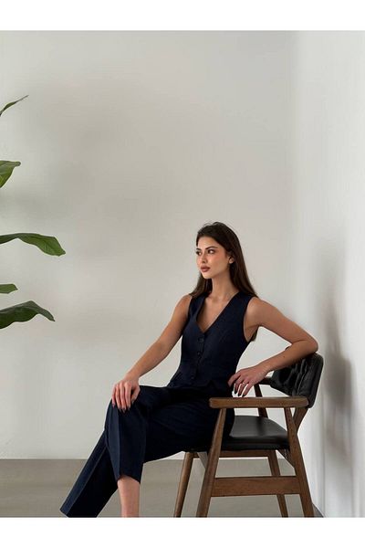 CYU Front Slit Linen Vest Pants Bottom Top Women's Set