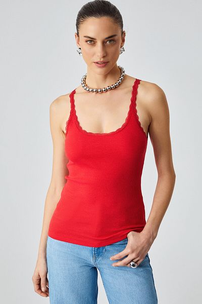 GRIMELANGE Barry Women's Collar and Sleeve House Red Tank Top with Thin Lace Flexible Interlock Fabric