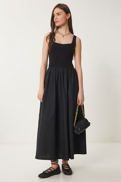 Lovelyİstanbul Rochie din popelin cu top tricotat elastic și fustă NEGRĂ LFN0084