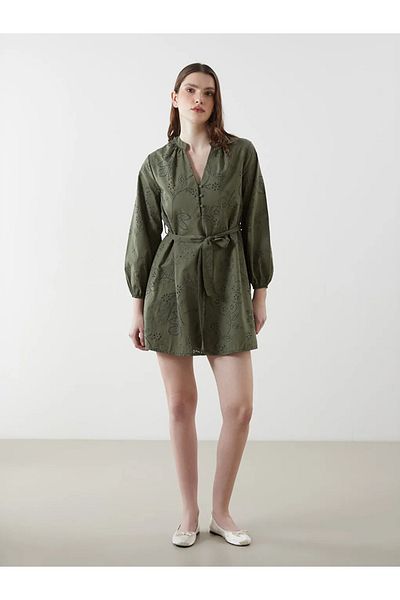 LC Waikiki Lcw Vision Green Collar Self-Patterned Embroidery Women's Dress