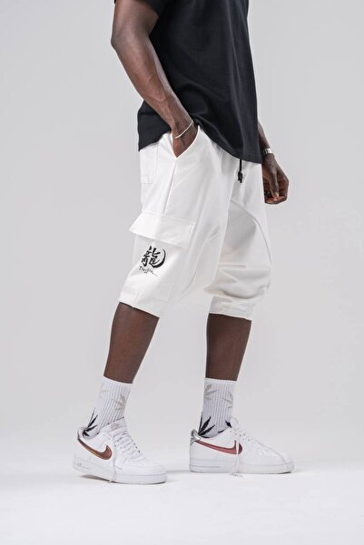 Superbluemexico Men's Cargo Pocket Loose White Baggy Capri Shorts
