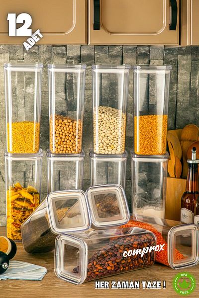 Comprox مجموعة تخزين الطعام المربعة الصلبة سعة 12 لتر - غطاء مقاوم للهواء، منظم خالٍ من مادة BPA
