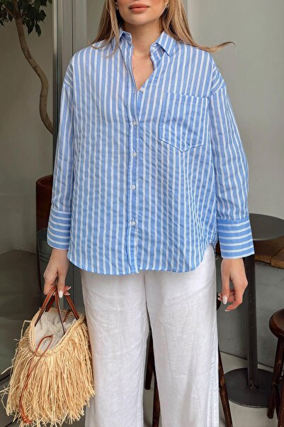 Swist Cămașă pentru femei cu guler de cămașă cu un singur buzunar cu dungi albastre