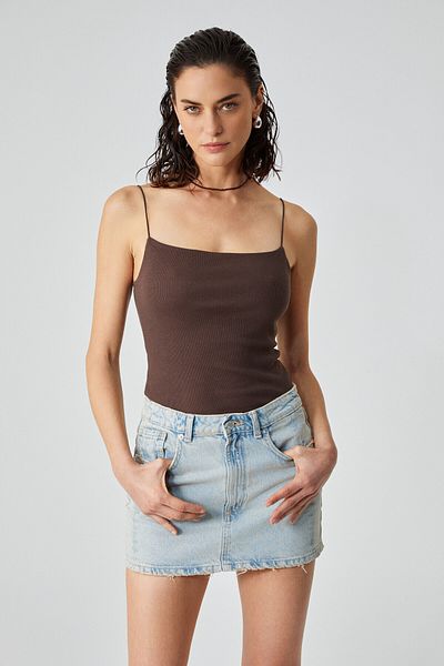 GRIMELANGE Ayane Women's Organic Cotton Twill Stretch Fabric Spaghetti Strap Brown Undershirt