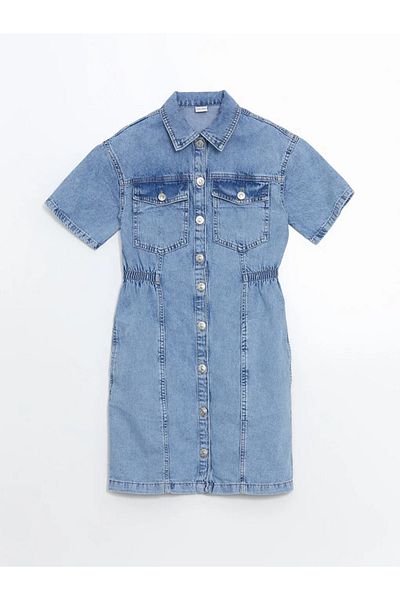 LC Waikiki Rochie cămașă de jeans pentru fete cu mânecă scurtă LCW Kids