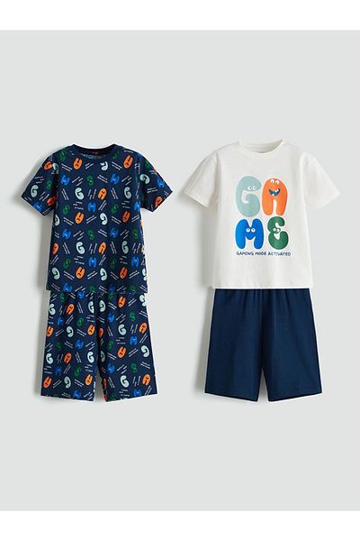 LC Waikiki Lcw Kids Ecru Printed Boys' Shorts Pajama Set 2-Piece