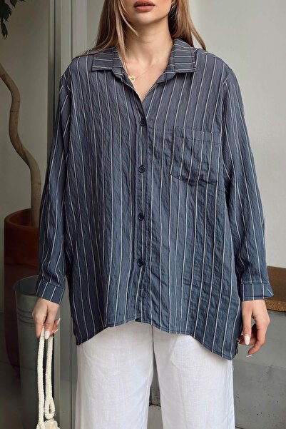 Swist Γυναικείο πουκάμισο Oversize Smoked Zis ριγέ πιέτα με μονή τσέπη