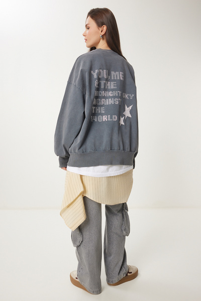 Lovelyİstanbul Faded Effect Oversize Sweatshirt with Slogan: Gray Lus0091