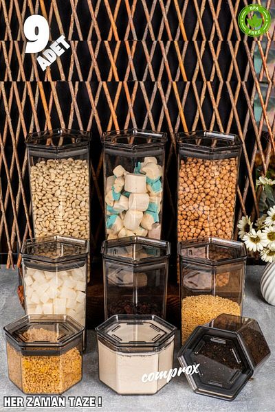 Comprox Set of 9 Hard Square Food Storage Containers Vacuum Airtight Lid and Organizer Bpa-Free