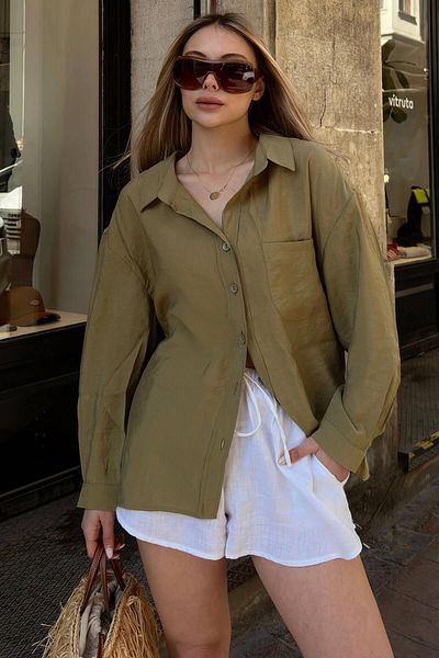 Swist Khaki Due Oversize Modal a Pile Single Pocket Women's Shirt