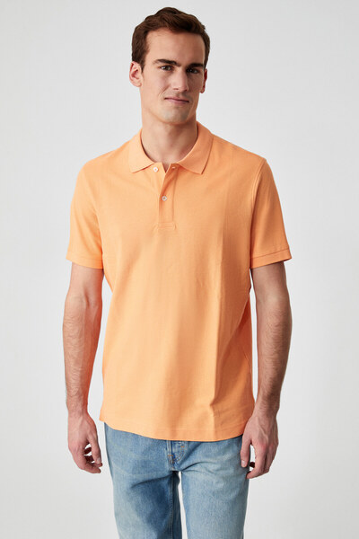 GRIMELANGE Zeke Men's Polo Neck Relaxed Fit Placket Button Short Sleeve Orange T-Shirt