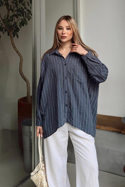 Swist Γυναικείο πουκάμισο Oversize Smoked Zis ριγέ πιέτα με μονή τσέπη