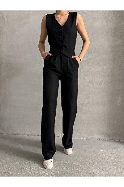 BEJNA Women's Black Linen Textured Vest Suit