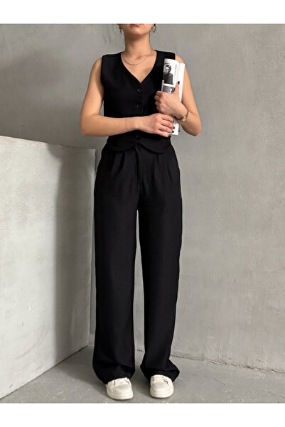 BEJNA Women's Black Linen Textured Vest Suit