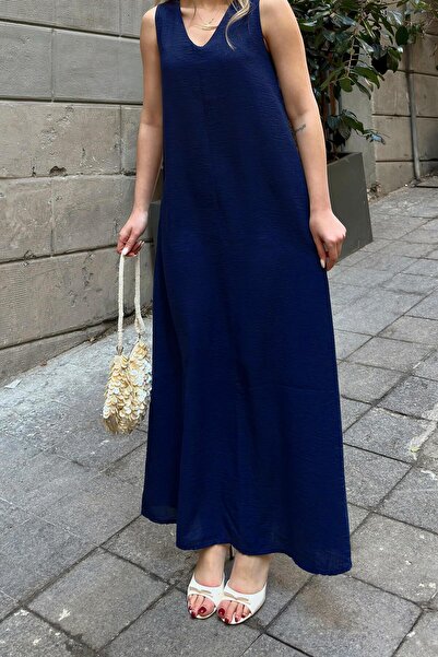 Swist Γυναικείο μίντι φόρεμα Navy Blue μπροστινό πίσω V λαιμόκοψη μηδενικό μανίκι λινό μείγμα