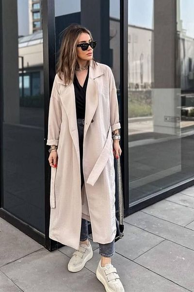 Pasaklı Giyim Women's Stone Extra Loose Cut Loose Belted Pocket Buttoned Soft Textured Long Trench Cardigan3335370