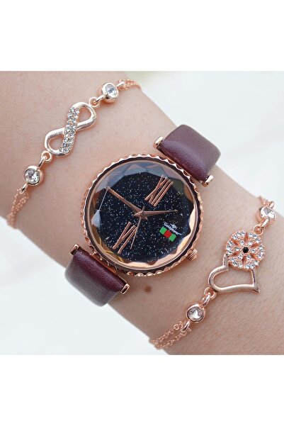istanbul form Bordo Deri Kordon Kadın Saat Kombini 3100